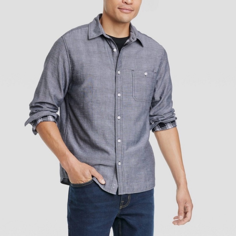 Men's Gray Button-Up Long Sleeve  Shirt Large